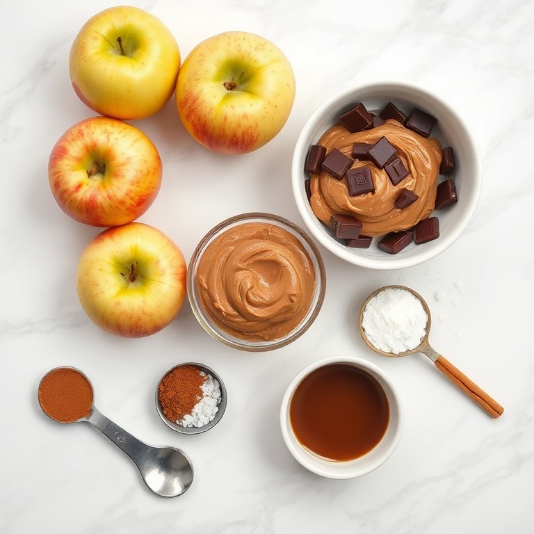 Fresh honeycrisp apples, almond butter, chocolate, cinnamon, and a sprinkle of sea salt arranged in an overhead flat lay on a white marble surface.