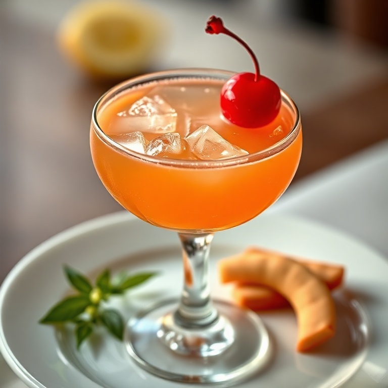One perfect plated serving of the Sex on the Beach cocktail in a coupe glass. Garnished with a cherry. Close crop, food fills 90% of frame. Warm side lighting highlighting texture. Photorealistic food photography style. No text. No watermark.