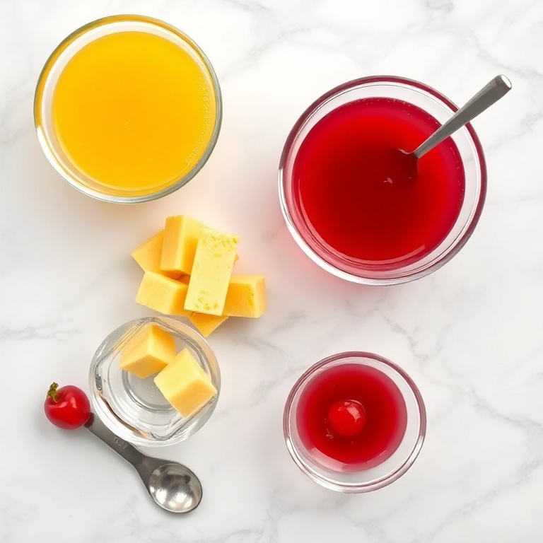 Overhead flat lay of the raw ingredients for the Sex on the Beach cocktail. Key ingredients: orange juice, pineapple juice, cranberry juice, vodka, and a cherry. Prep bowls and measuring spoons visible. White marble surface. Bright even light. Photorealistic overhead food photography. No text. No watermark.