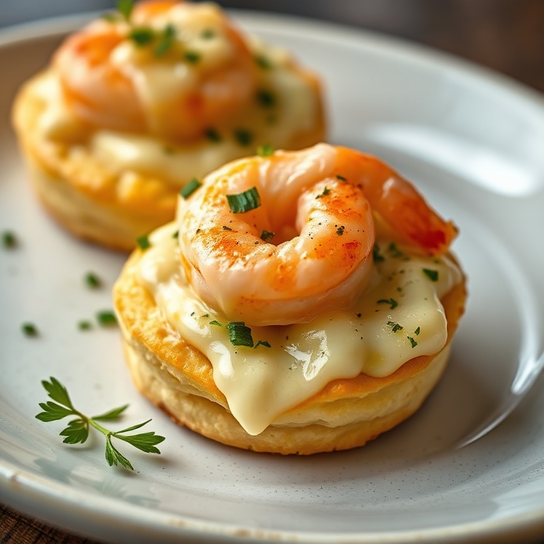 Perfectly plated shrimp and crab biscuit melts with fresh herbs and melted cheese. Close-up of the golden crust and filling.