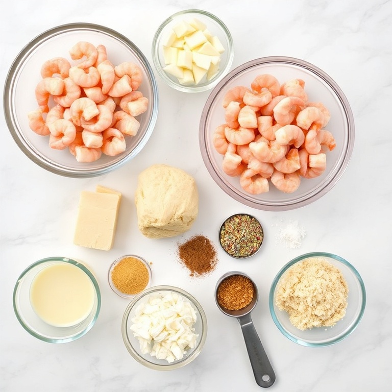 Raw ingredients for shrimp and crab biscuit melts. Shrimp, crab meat, biscuit dough, cheese, and seasonings arranged in a flat lay.