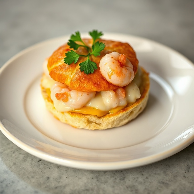 One plated shrimp crab biscuit melt garnished with fresh parsley on a white ceramic plate with warm side lighting