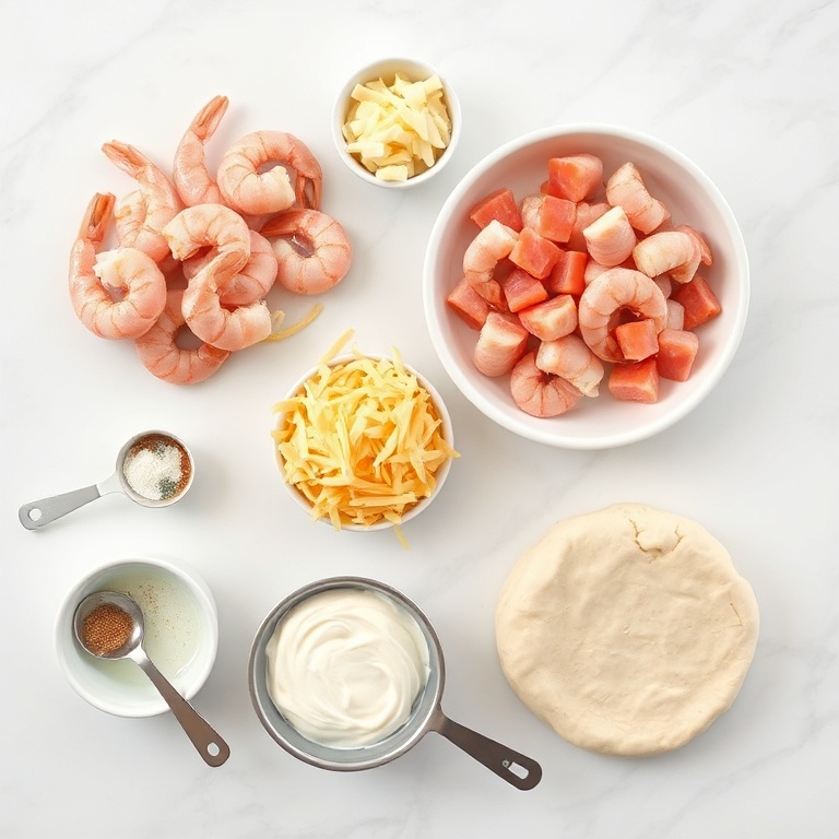 Raw ingredients for shrimp crab biscuit melts showing shrimp, crab meat, cheddar cheese, mayonnaise, and biscuit dough on white marble surface with prep bowls
