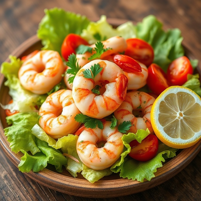 Plated shrimp salad with crispy lettuce, juicy tomatoes, and fresh herbs. Served on a rustic wooden plate with a lemon wedge.