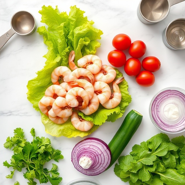 Raw shrimp, lettuce, tomatoes, cucumbers, and red onion arranged in a flat lay. Measuring cups and bowls nearby on a white marble surface.