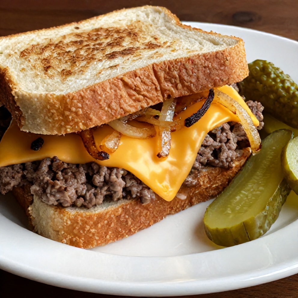 Close-up of a beef and cheddar sandwich on a plate