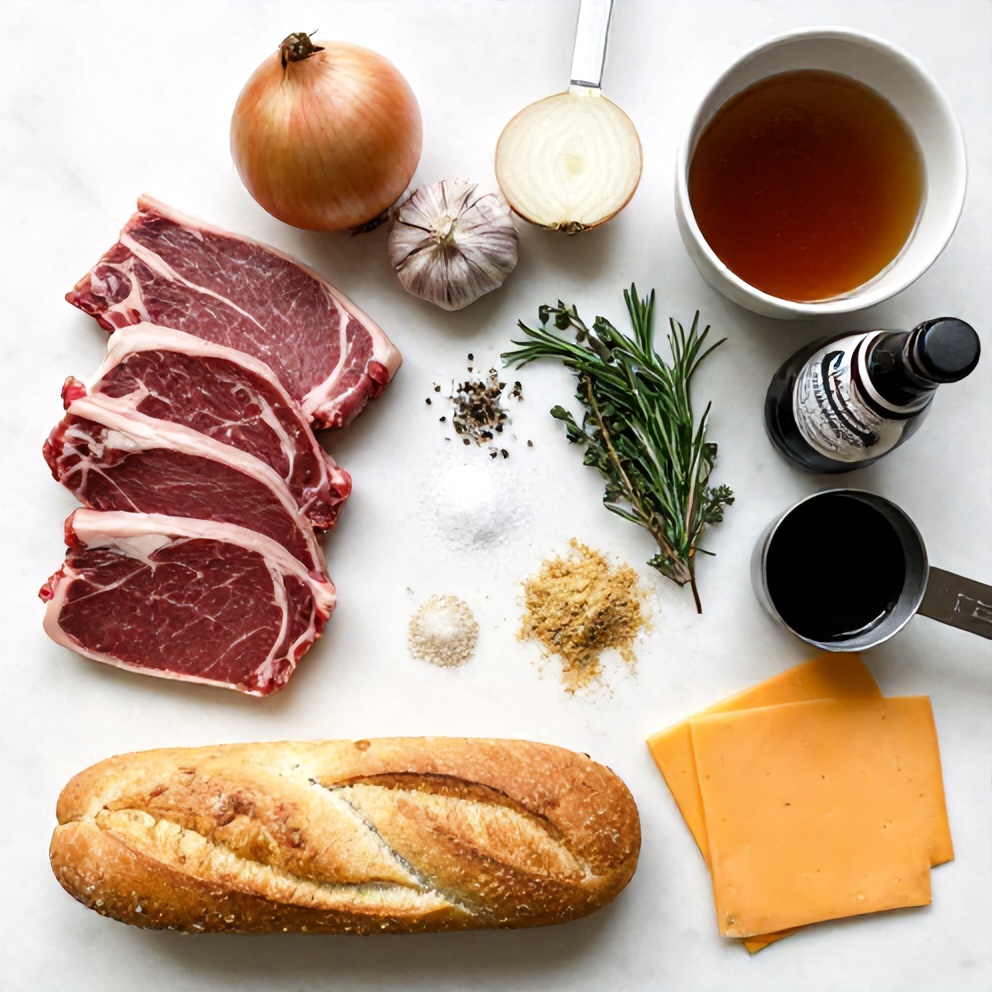 Ingredients for slow cooker beef and cheddar sandwiches on a marble surface