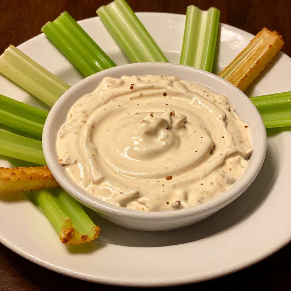 Plated Buffalo Chicken Dip with Celery Sticks