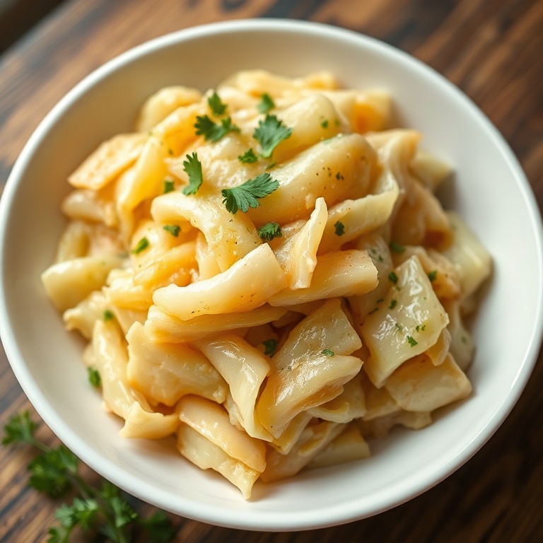 One serving of slow cooked cabbage garnished with fresh parsley in a white bowl
