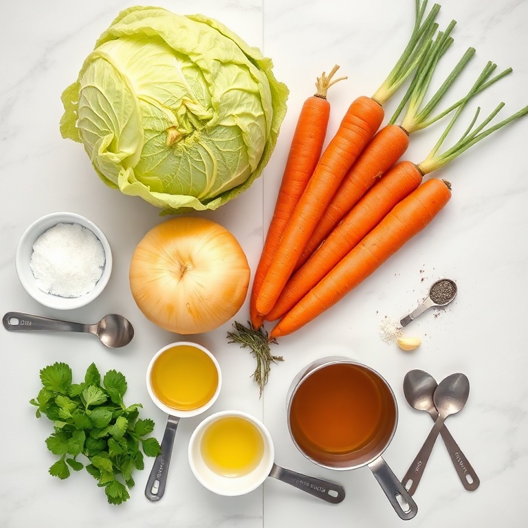Raw cabbage wedges, carrots, onion, garlic cloves, and broth in small prep bowls overhead flat lay