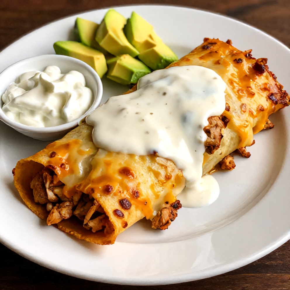 Plated serving of Slow Cooker Chicken Enchiladas with sour cream and avocado