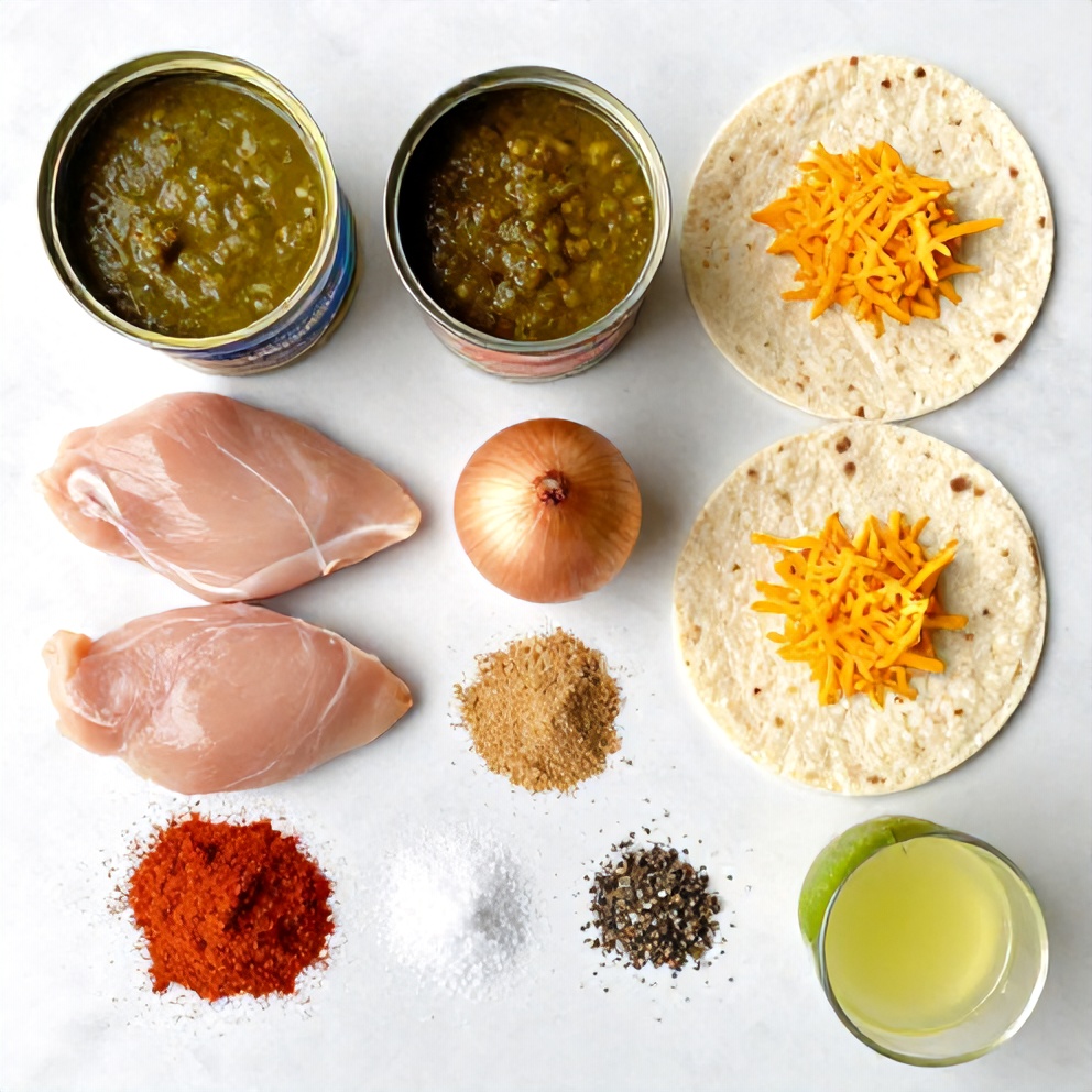 Raw ingredients for Slow Cooker Chicken Enchiladas arranged in a flat lay