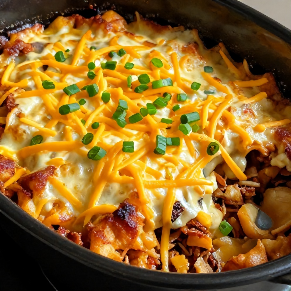 Plated serving of Slow Cooker Cowboy Casserole with shredded cheese and green onions