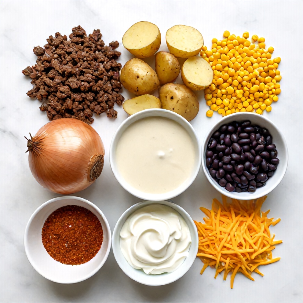 Ground beef, potatoes, corn, black beans, and seasonings laid out for Easy Slow Cooker Cowboy Casserole