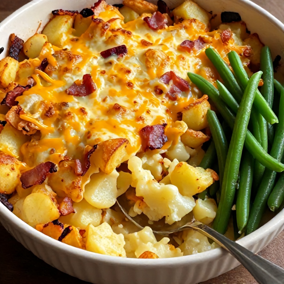 Plated serving of Slow Cooker Cowboy Potato Casserole with a side of green beans