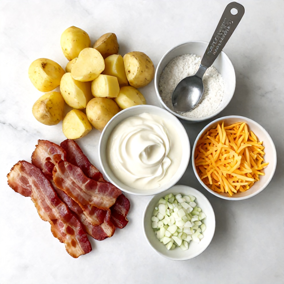 Raw ingredients for Slow Cooker Cowboy Potato Casserole laid out on a wooden surface