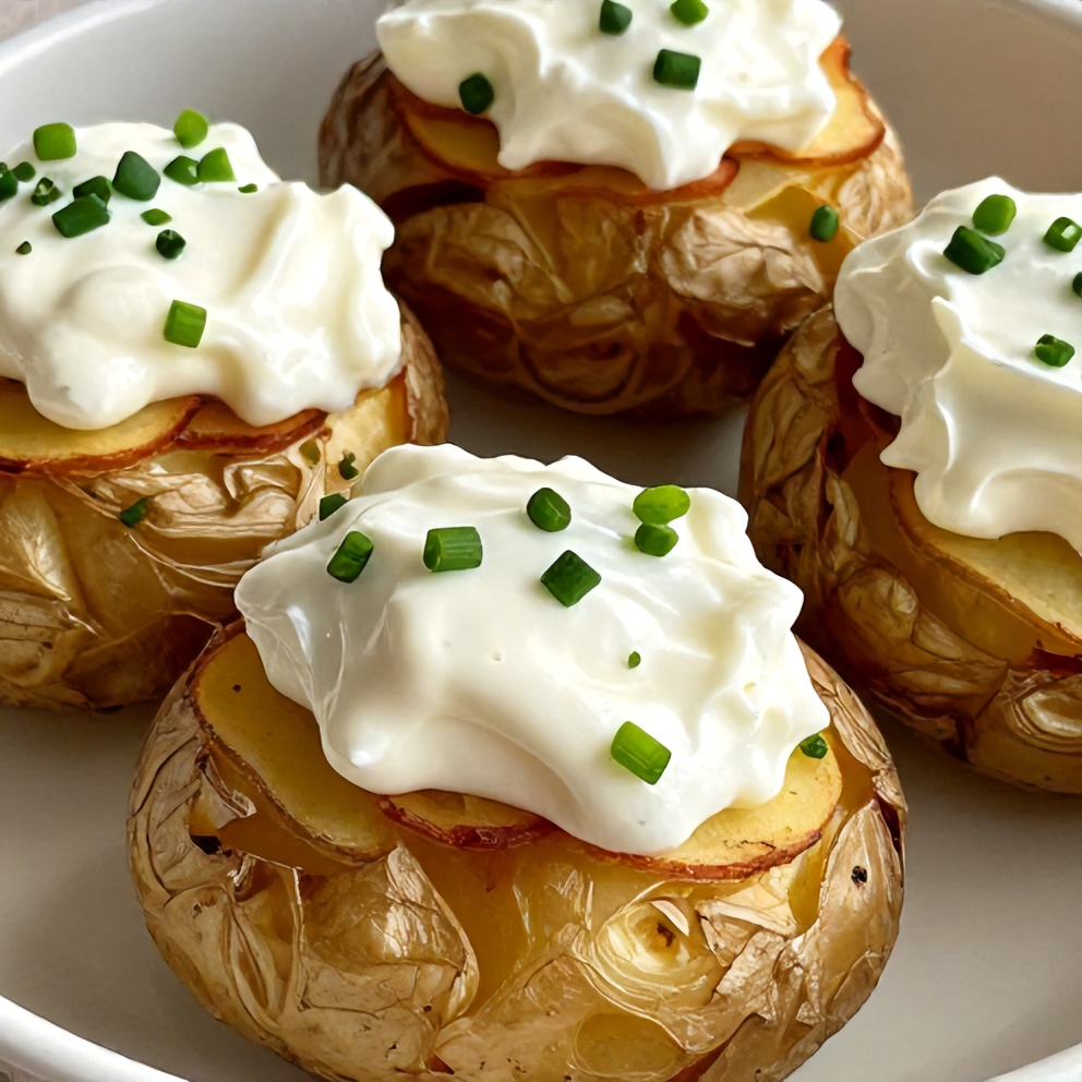 Loaded baked potatoes plated with sour cream and chives