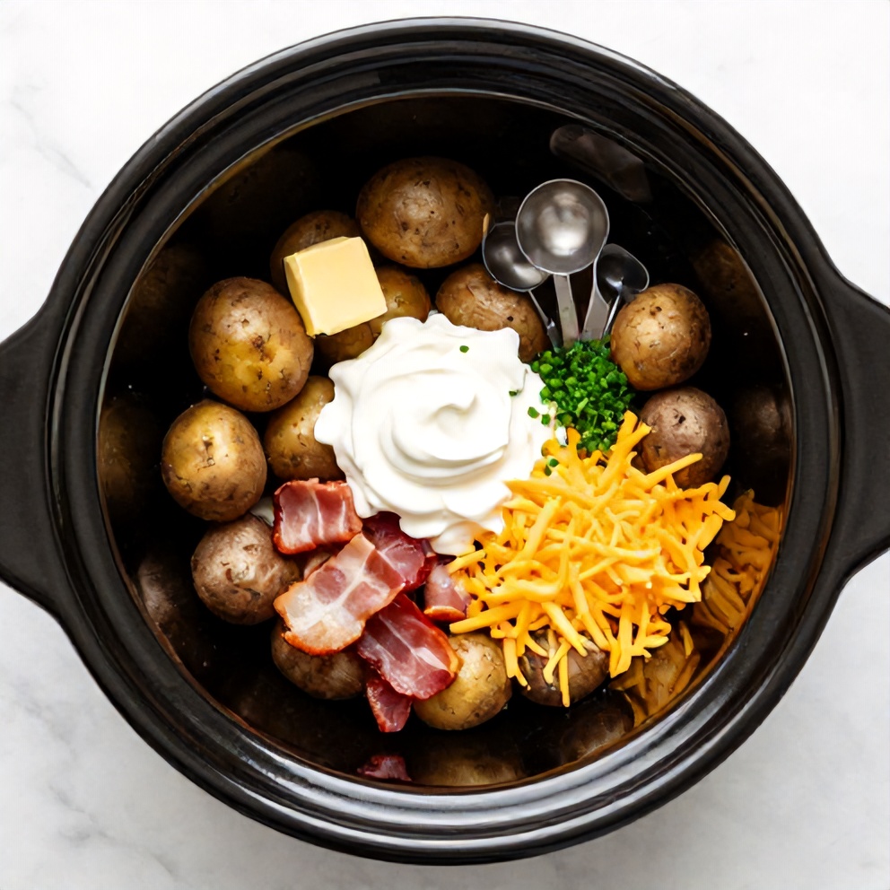 Raw ingredients for loaded baked potatoes in slow cooker