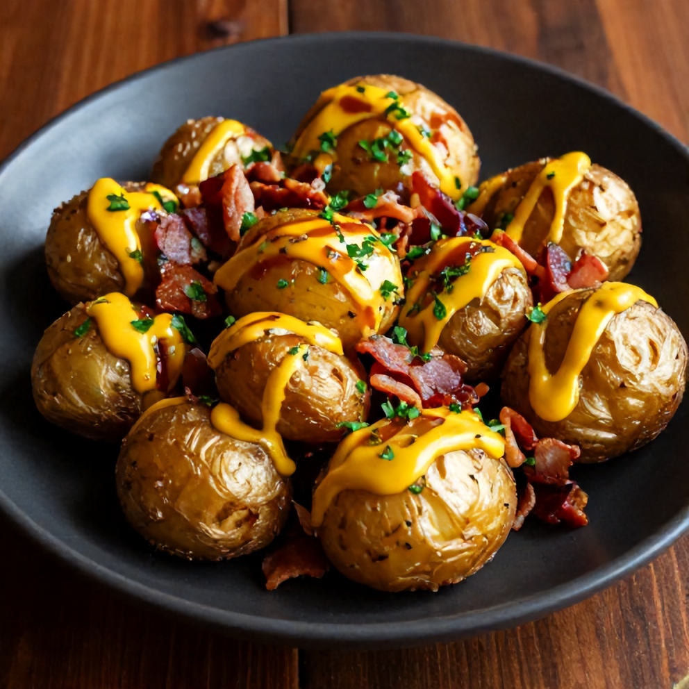 Plated smoked baby potatoes with beer mustard and BBQ rub
