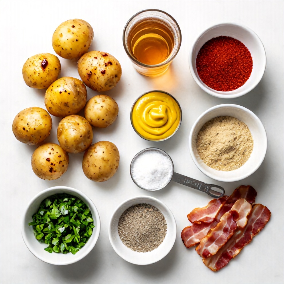 Raw ingredients for smoked baby potatoes with beer mustard and BBQ rub