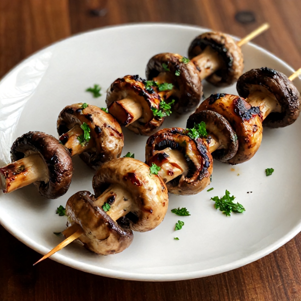 Plated Easy Smoky Grilled Mushroom Skewers