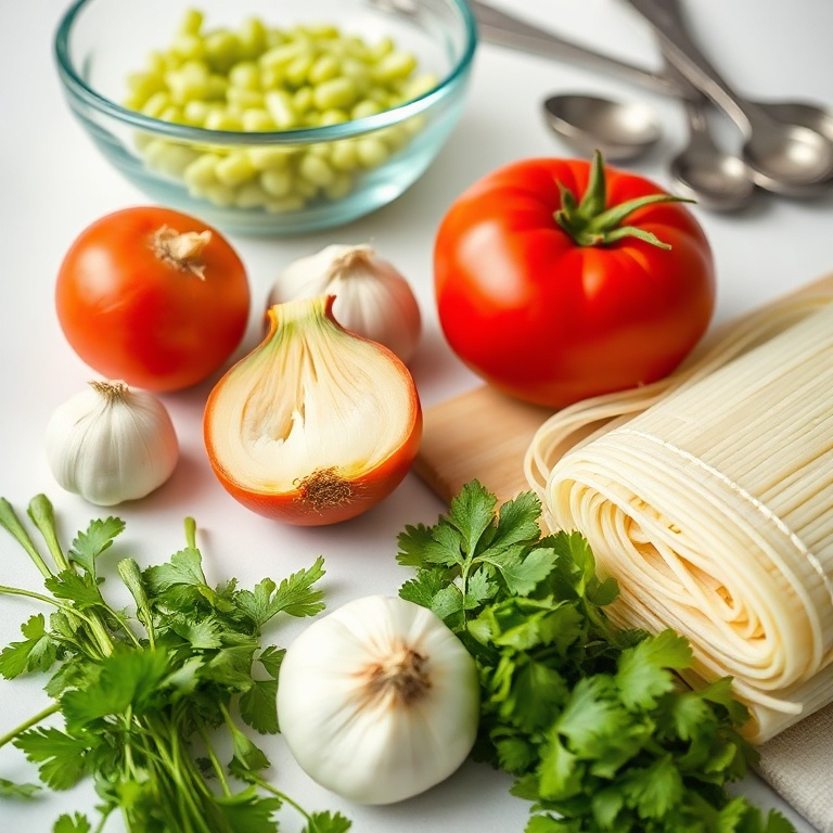 All ingredients for sopa de fideo arranged in a flat lay. Tomato, onion, garlic, noodles, cilantro, and broth visible.