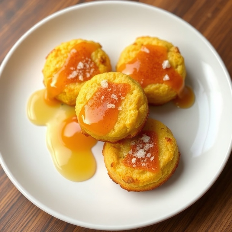 Perfectly plated honey butter cornbread poppers with a drizzle of honey and a sprinkle of sea salt