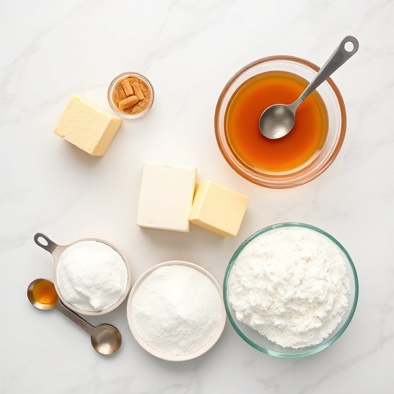 Overhead flat lay of cornbread mix, honey, butter, flour, sugar, and a mixing bowl with measuring spoons
