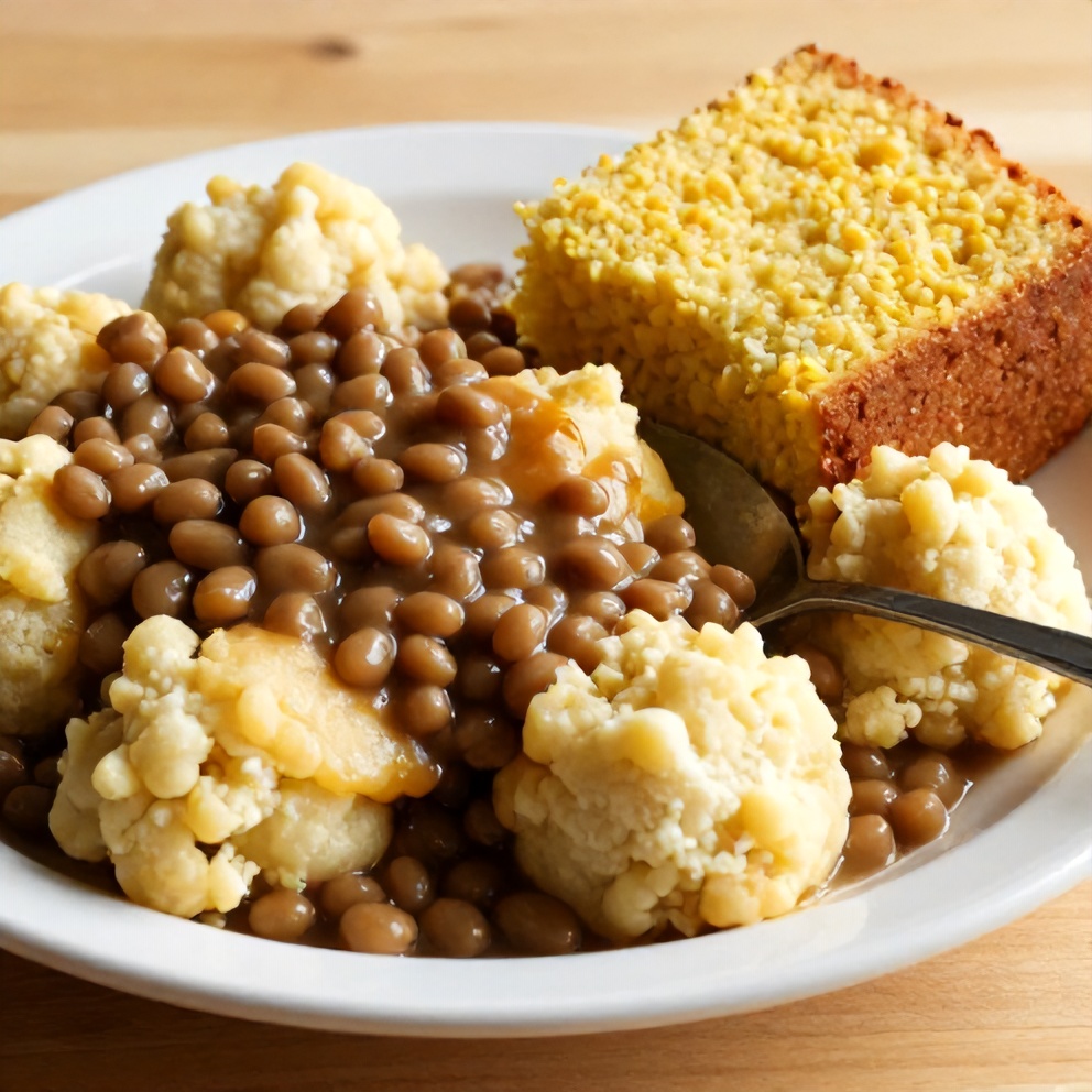 Plate of Easy Southern Peas and Dumplings with a side of cornbread