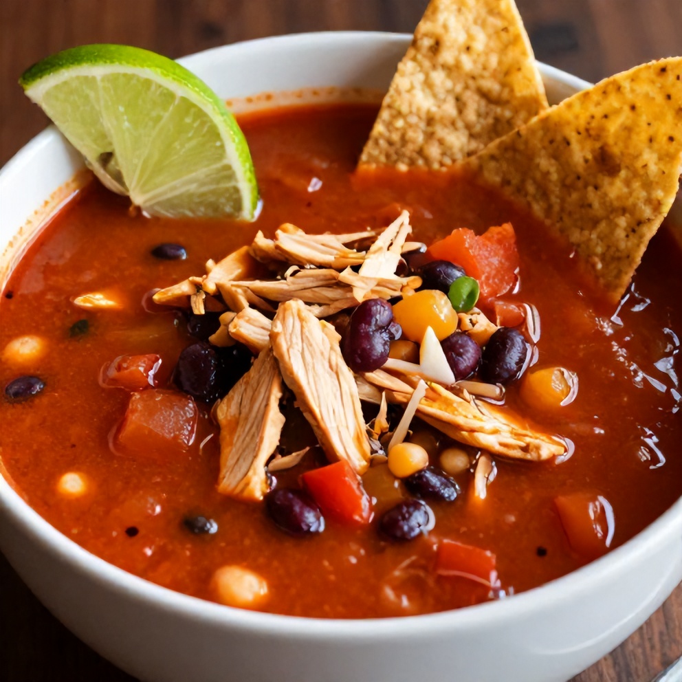Bowl of Southwest Chicken Soup with a lime wedge and tortilla strips
