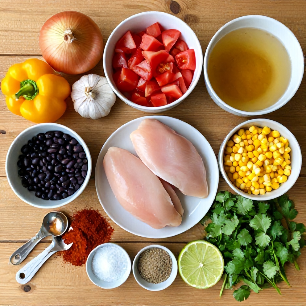 Ingredients for Southwest Chicken Soup laid out on a wooden surface