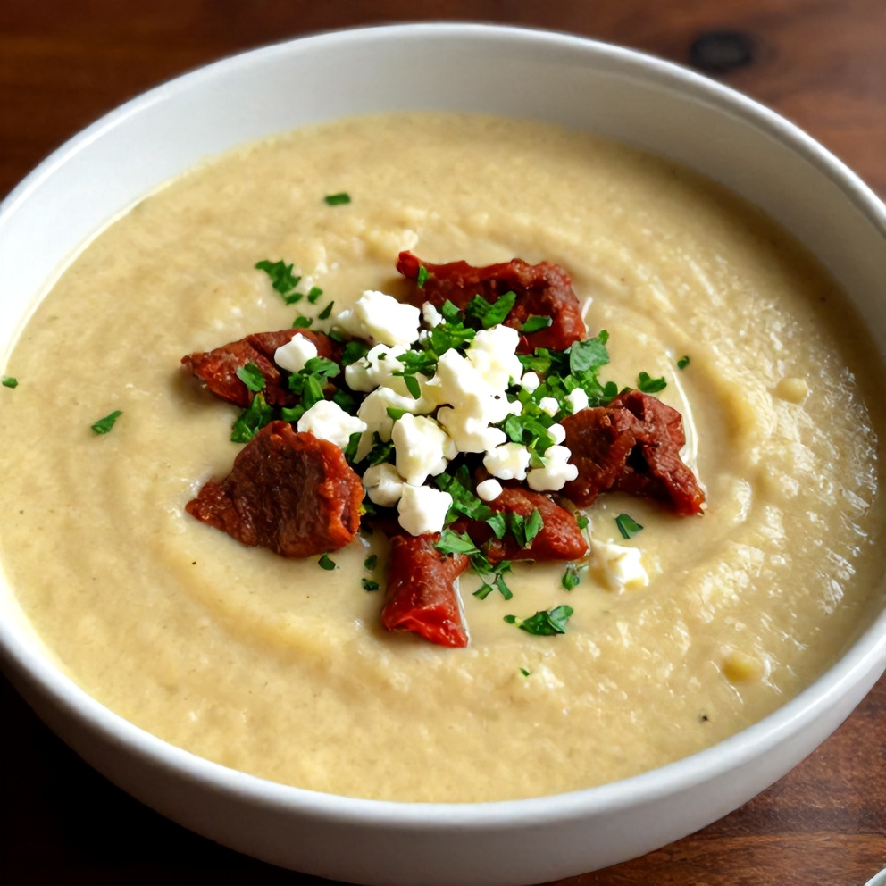 Bowl of Spanish Potato Soup with Chorizo and Crusty Bread