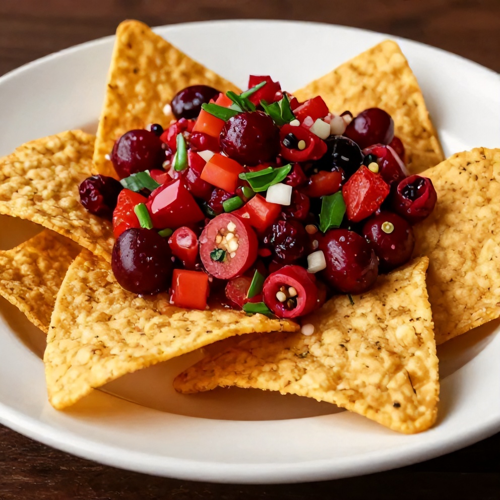 Plated Spicy Cranberry Salsa with tortilla chips