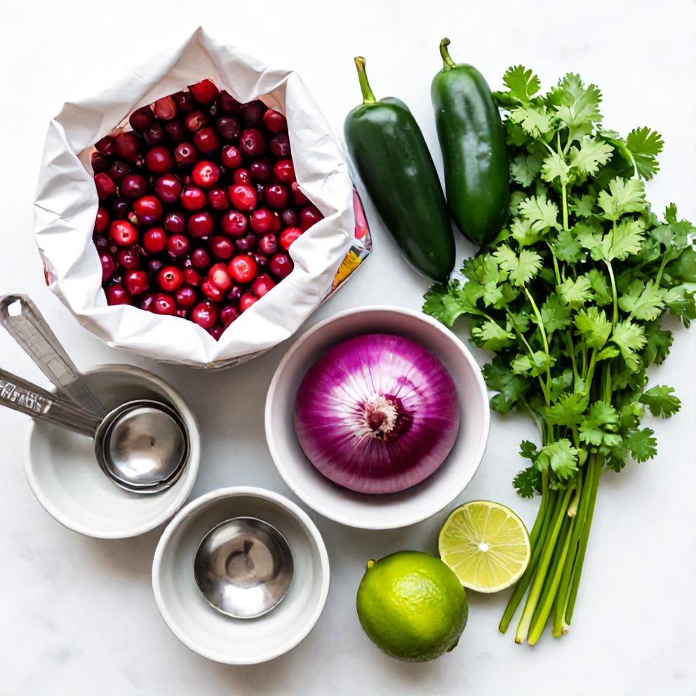 Raw ingredients for Spicy Cranberry Salsa on a white marble surface