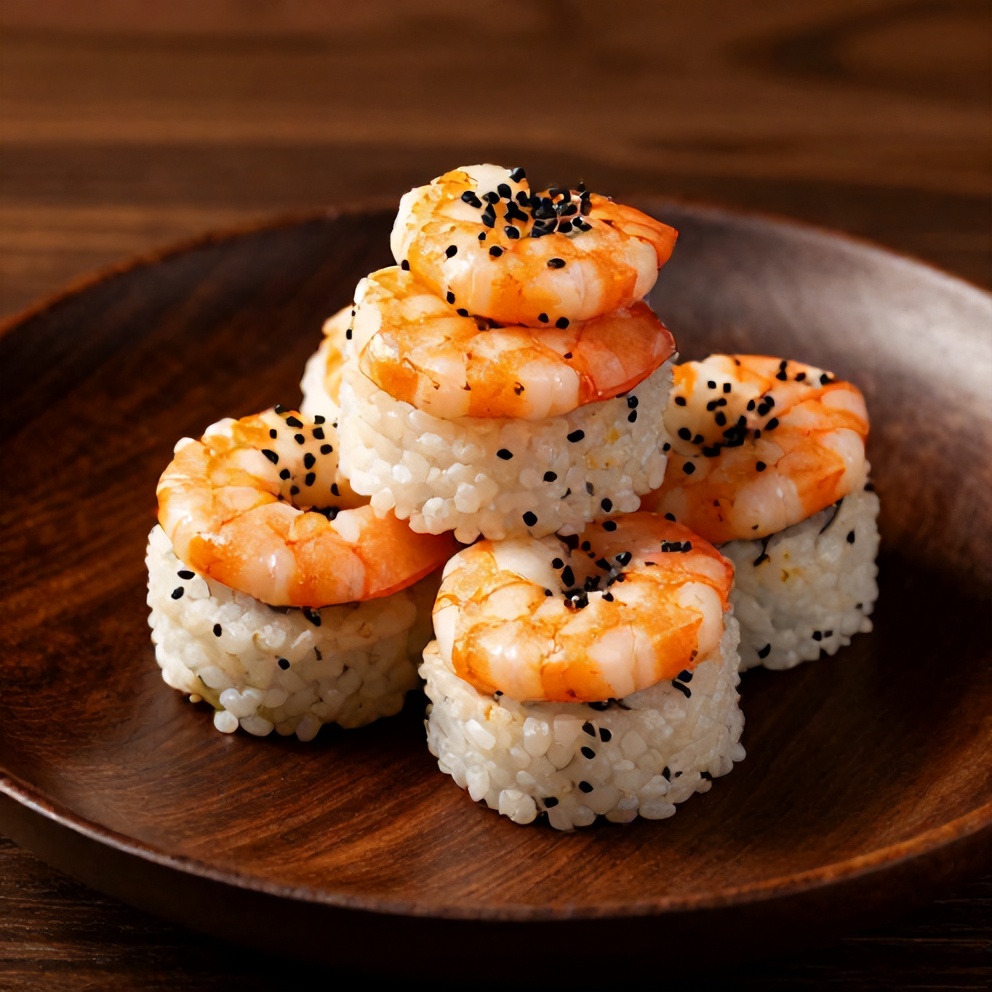 Plated Spicy Shrimp Sushi Stacks on a dark wooden surface