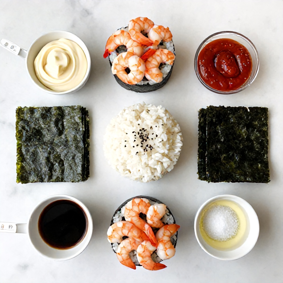 Raw ingredients for Spicy Shrimp Sushi Stacks on a white marble surface