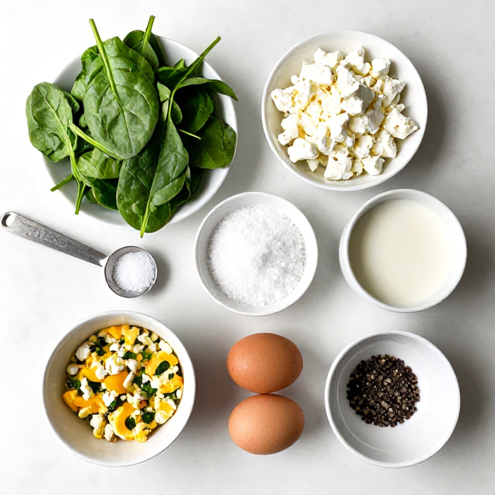 Raw ingredients for Spinach and Feta Egg Muffins arranged in a flat lay
