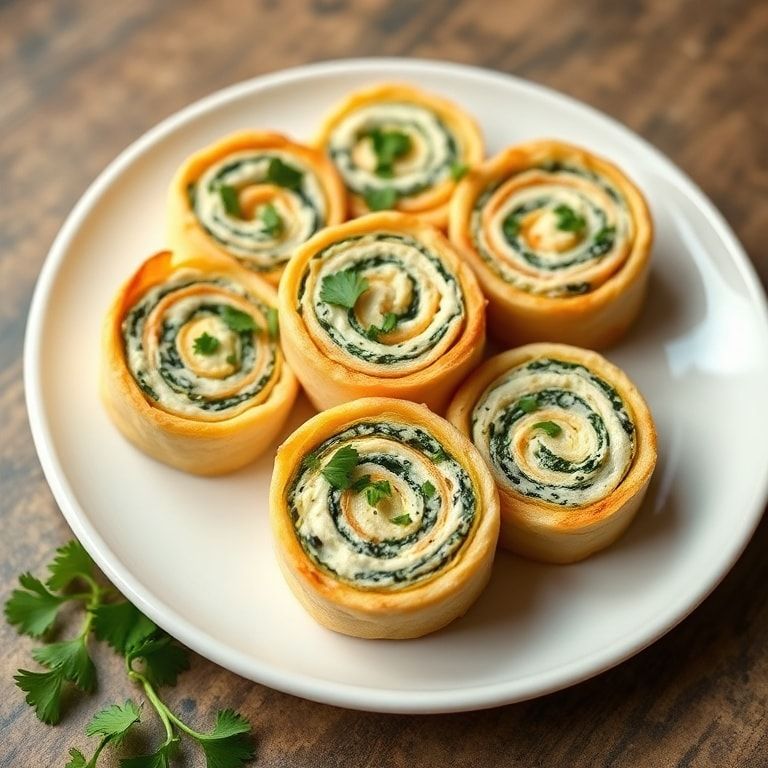 Single serving of baked spinach dip pinwheels on a white plate garnished with fresh parsley