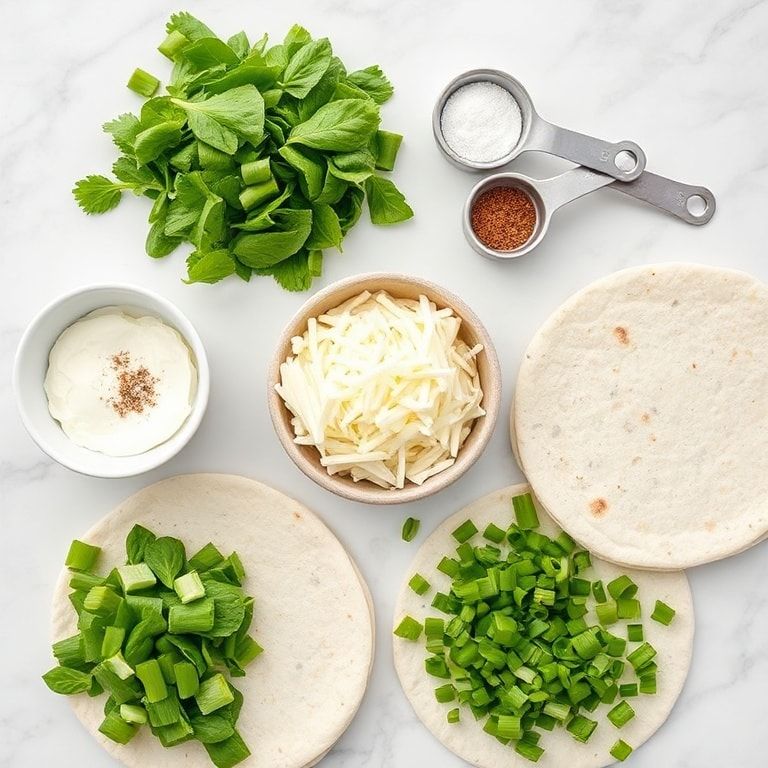 Overhead flat lay of spinach, cream cheese, shredded cheese, flour tortillas, and chopped onions with measuring cups on a white marble surface