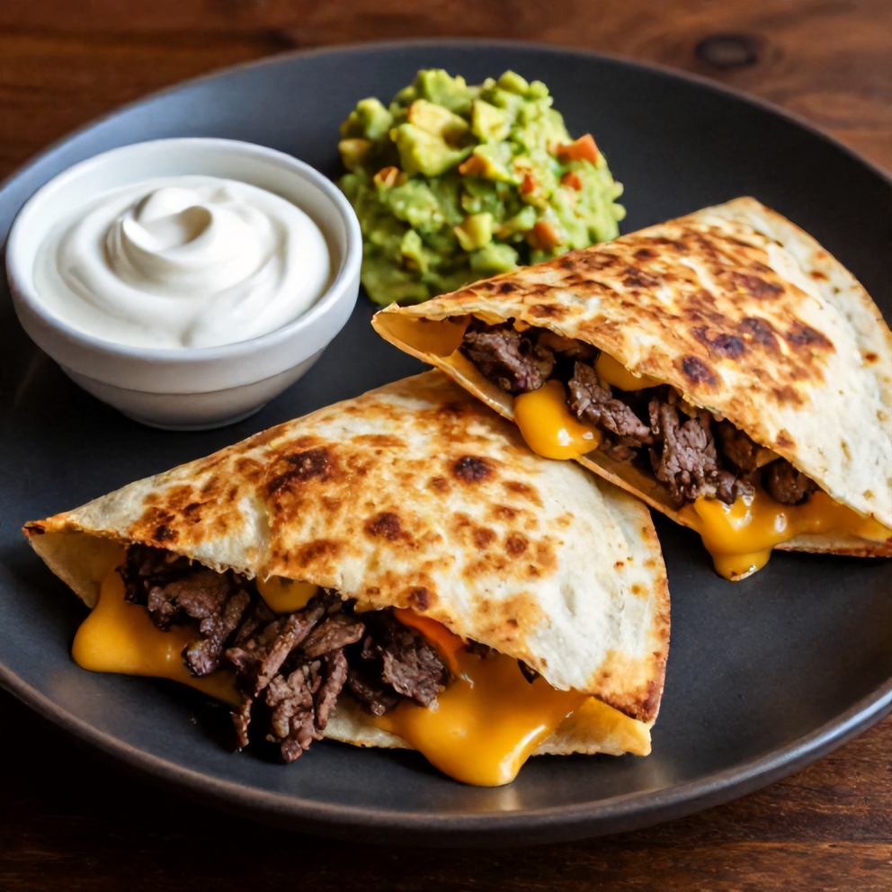Plated Steak Cheese Quesadilla with sour cream and guacamole