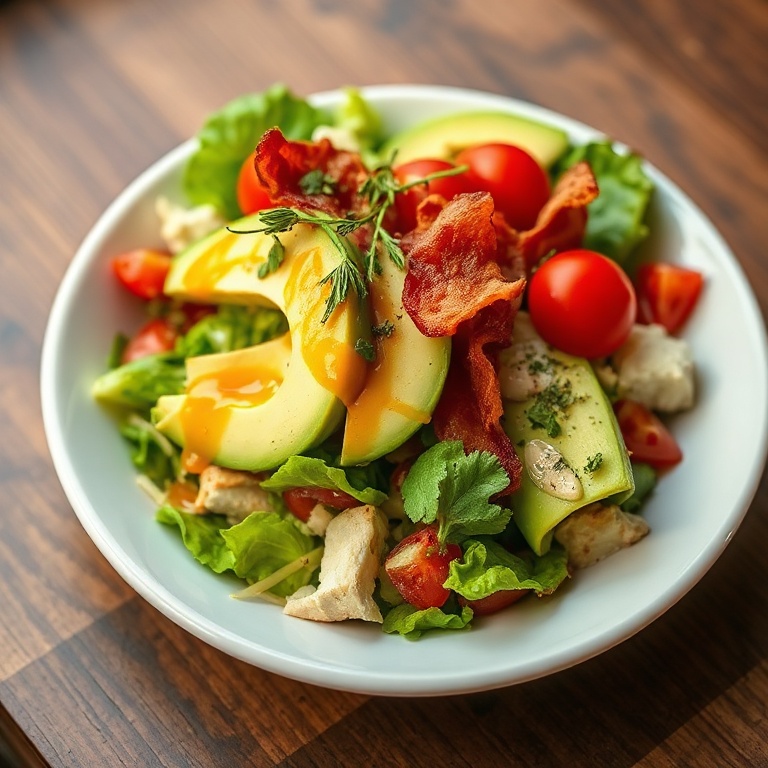 Cobb salad plated on a white ceramic bowl. Crispy bacon, avocado slices, and cherry tomatoes on top. Fresh herbs and dressing drizzled over the dish.