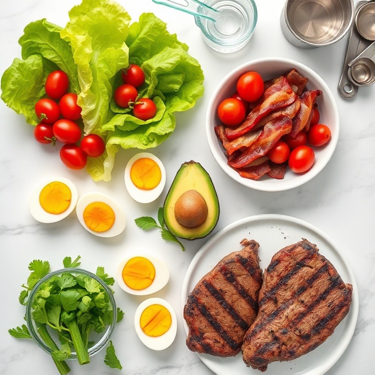 Fresh romaine, cherry tomatoes, avocado, hard-boiled eggs, bacon, and grilled steak laid out on a white marble surface. Measuring cups and bowls nearby.