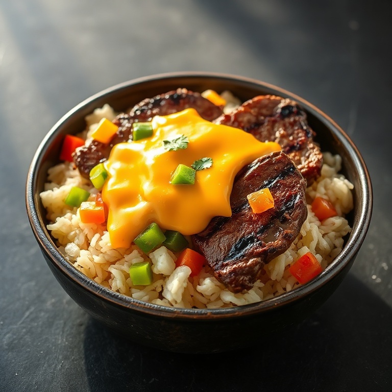 easy steak queso rice bowl