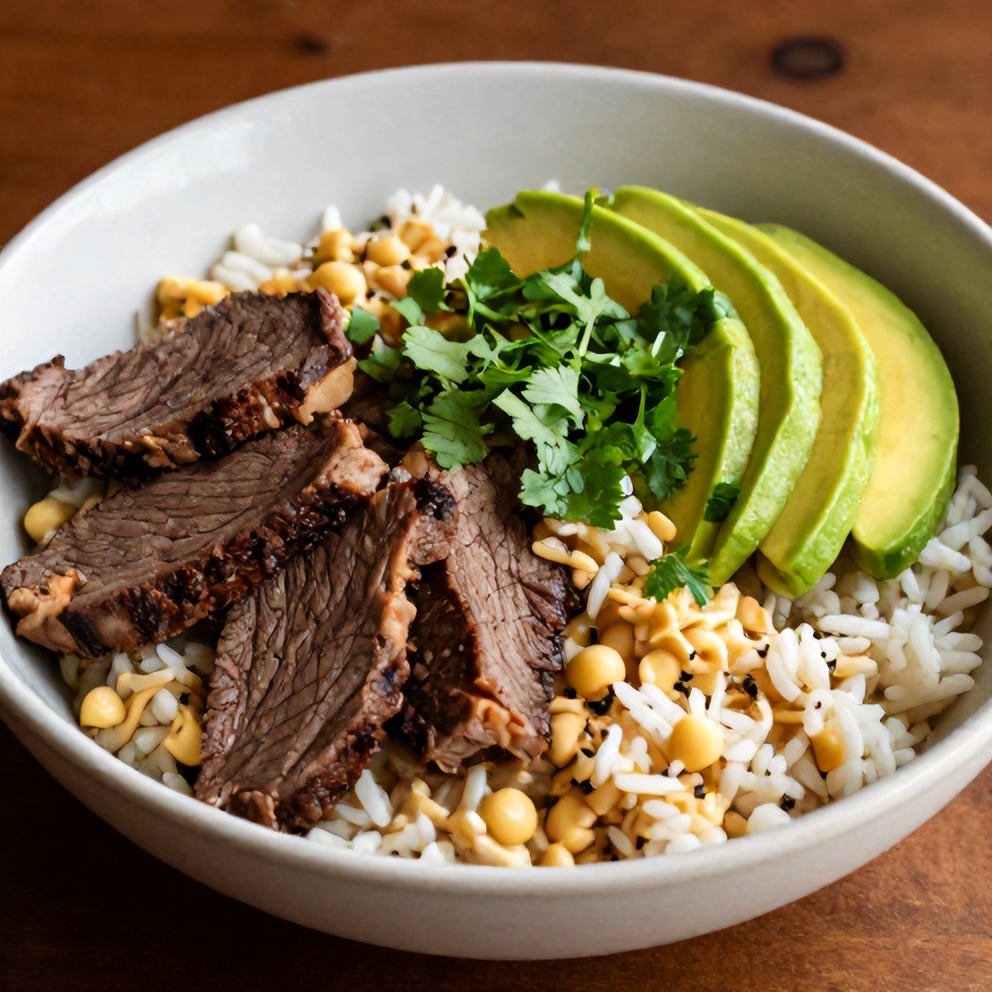 Bowl of steak queso rice bowl. Topped with cilantro and avocado. Close crop. Warm side lighting. Photorealistic food photography.
