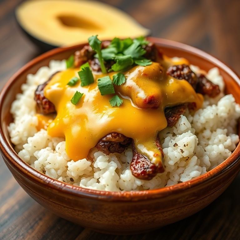 Plated easy steak queso rice bowl garnished with cilantro in a rustic ceramic bowl close up showing creamy melted cheese