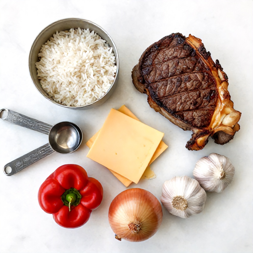 Rice, steak, cheese, onion, bell pepper, and garlic in a flat lay. Measuring cups and spoons nearby. Bright light. White marble surface.