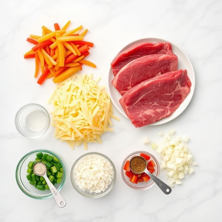 Overhead flat lay of raw steak, shredded cheese, rice, bell peppers, onions with prep bowls and measuring spoons on white marble