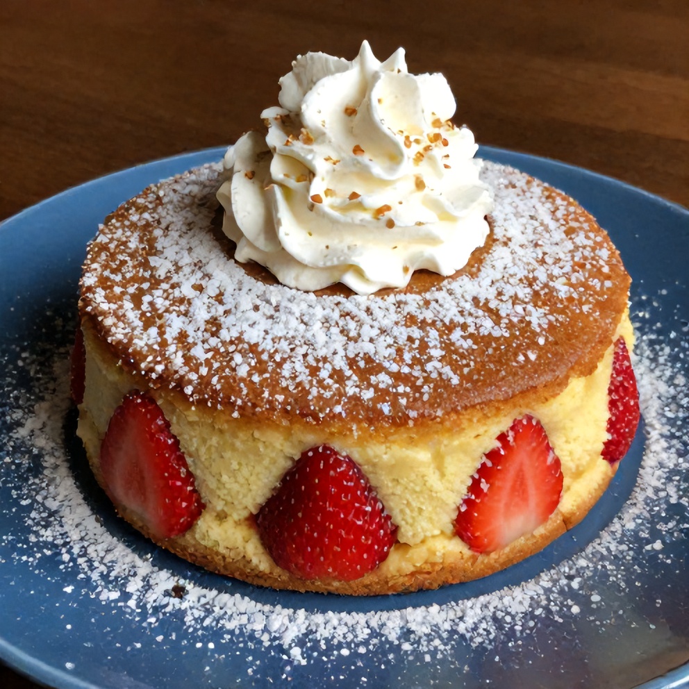 Strawberry Earthquake Cake slice on a blue plate with a dollop of whipped cream