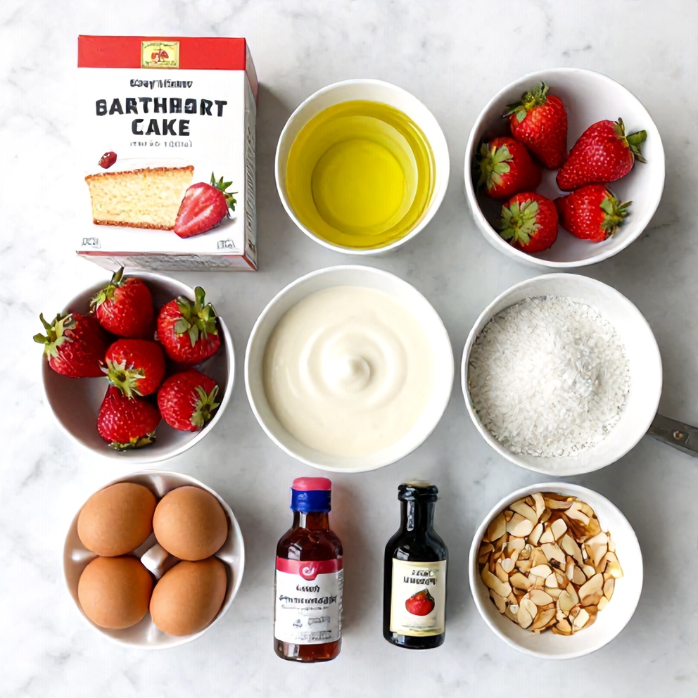 Strawberry Earthquake Cake ingredients on a marble surface