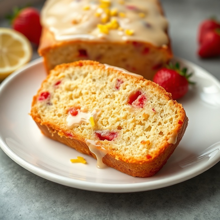 A plated slice of strawberry lemonade bread drizzled with lemon glaze and garnished with lemon zest